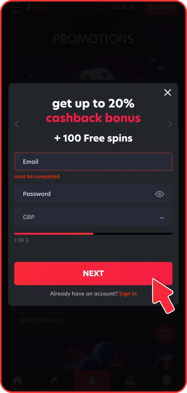 Create a personal account within the 1Red app to access top games.