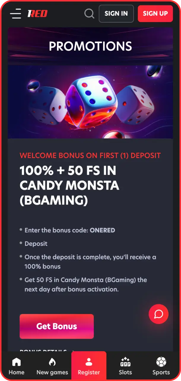 View all available 1Red app bonus offers in the promotional interface.