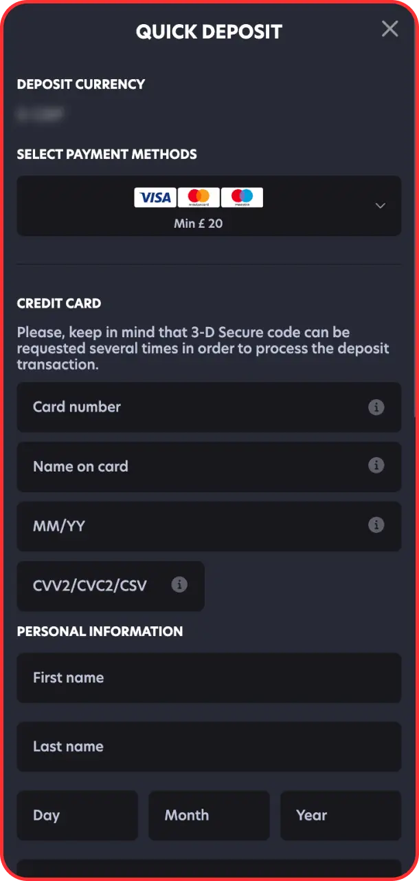 Use the 1Red app deposit interface to fund your gaming account.