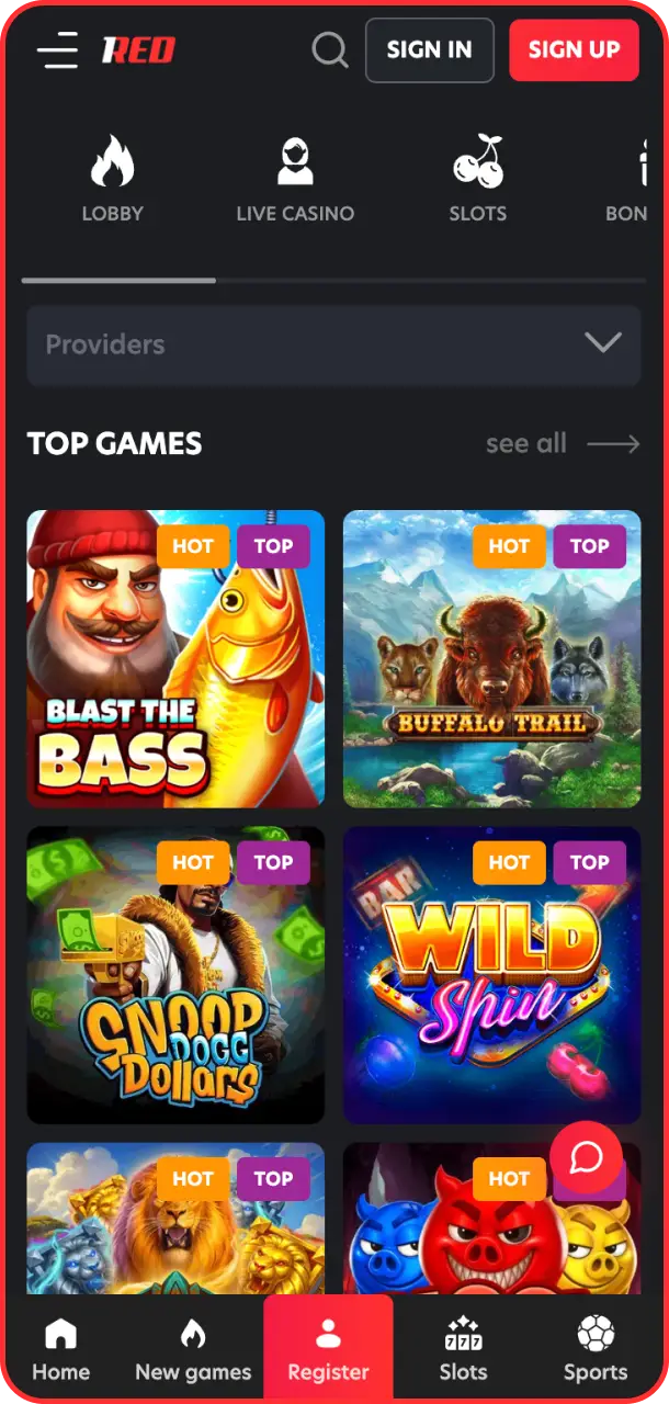 Browse the vast collection of mobile slots within the 1Red app.