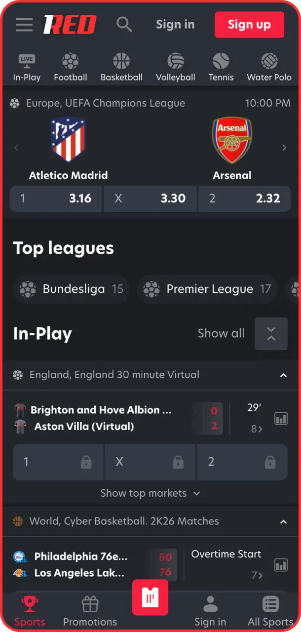 Place bets on global events using the 1Red app sports interface.