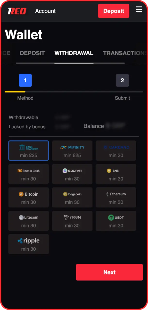 Request a payout through the secure 1Red app withdrawal interface.