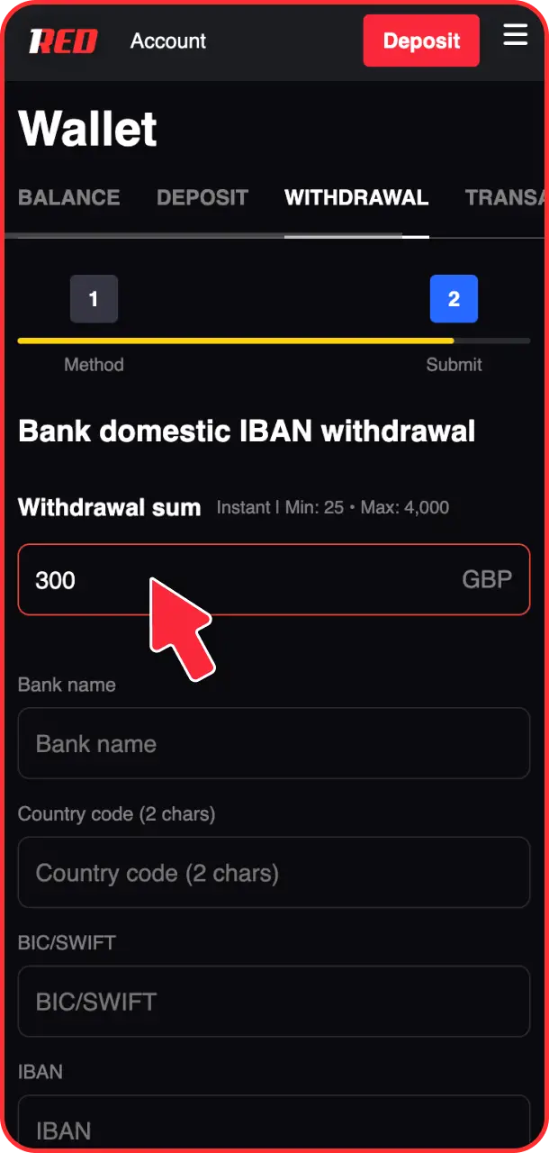 Confirm the withdrawal request to receive your winnings from the 1Red official site.