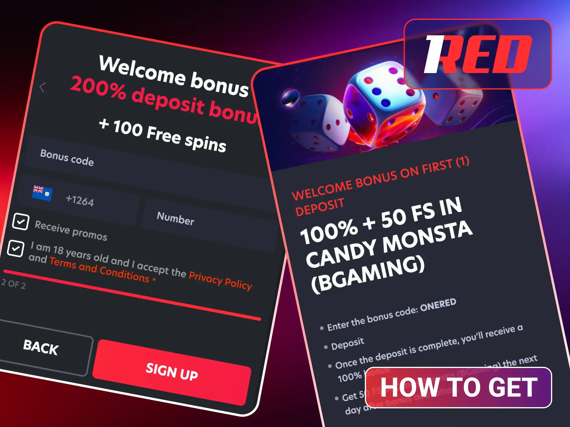 To get a bonus with a 1Red promo code, simply enter the code in the 'Promo Code' field during registration or within the cashier.
