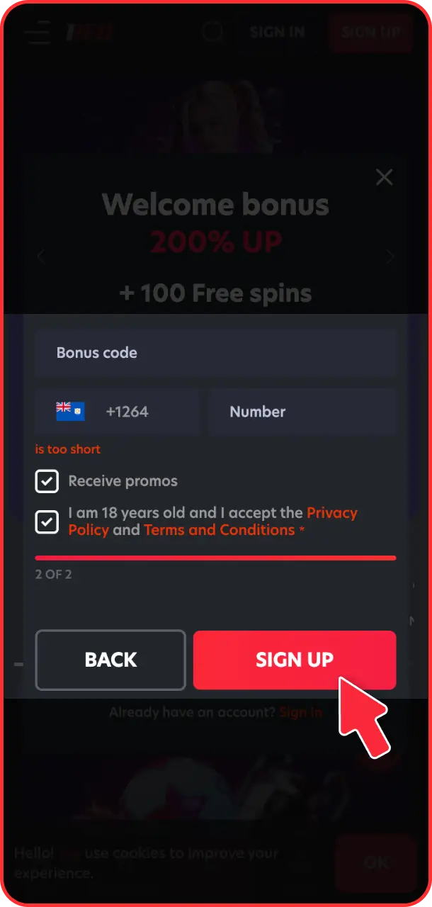 Complete account creation to gain instant access to 1Red's extensive game library.
