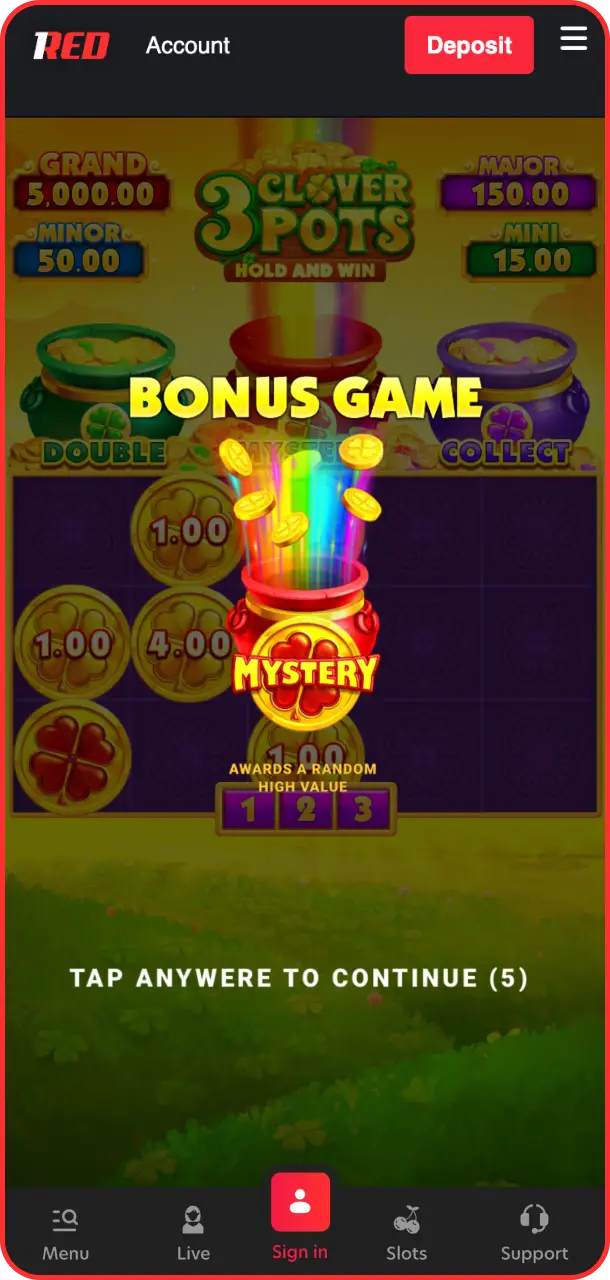 Trigger the lucky gold feature in the 3 Clover Pots bonus game on 1Red.