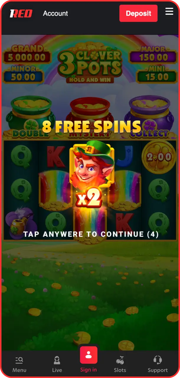 Catch the magic shamrocks to unlock extra free spins in 3 Clover Pots at 1Red.