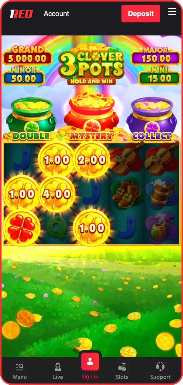 Place your custom wager to play the exciting 3 Clover Pots on 1Red.