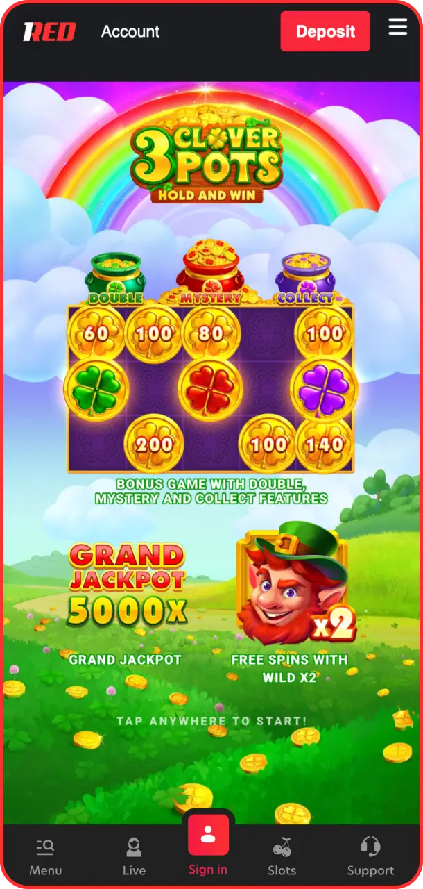 Click the main round button to start your clover field journey in 3 Clover Pots at 1Red.