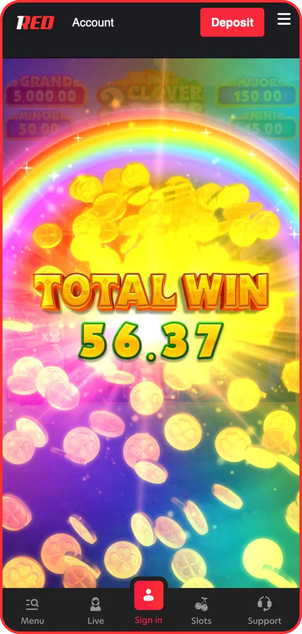 Collect your golden leprechaun rewards after a successful win in 3 Clover Pots on 1Red.