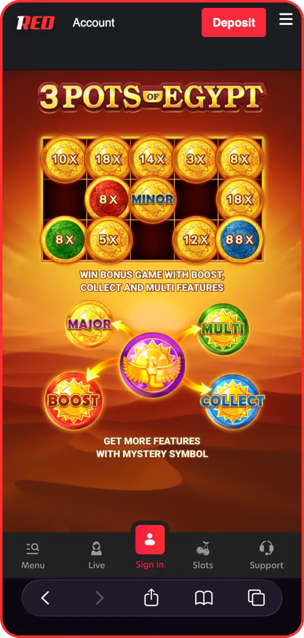 Click the main button to start your mystical journey in 3 Pots of Egypt at 1Red.