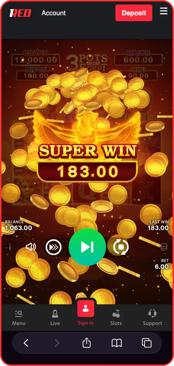 Trigger the ultimate bonus round to achieve a super win in 3 Pots of Egypt on 1Red.