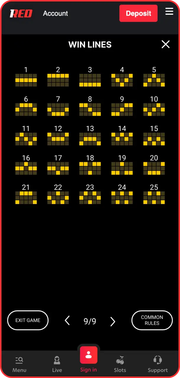 Check the active matching patterns and profitable win lines in 3 Pots of Egypt at 1Red.