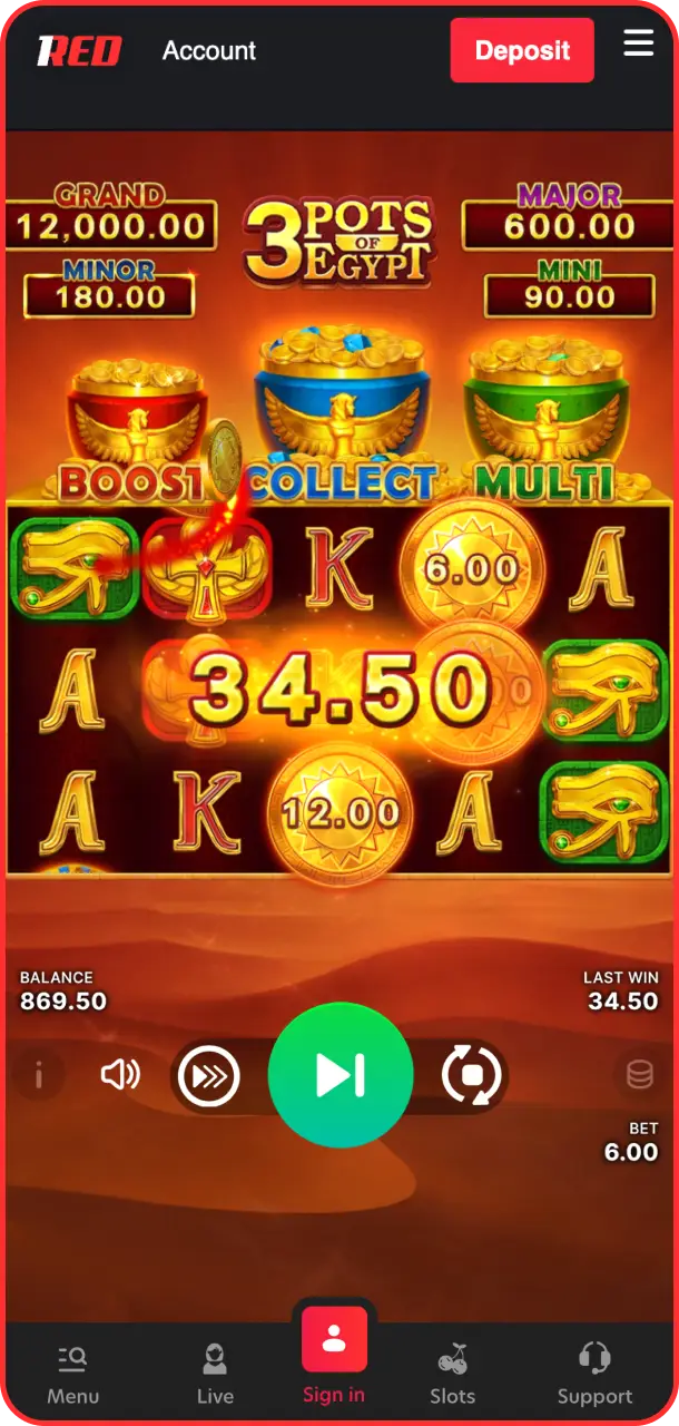 Collect your golden ancient treasures after securing a win in 3 Pots of Egypt on 1Red.