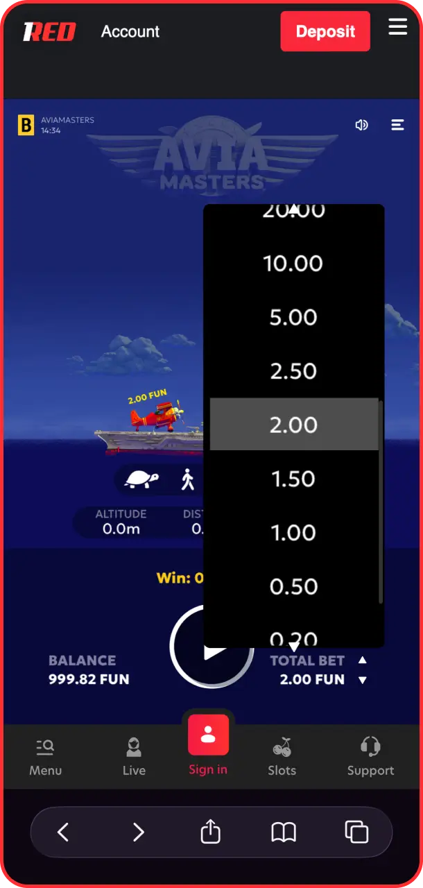 Set your preferred stake size before takeoff in Aviamasters with 1Red.