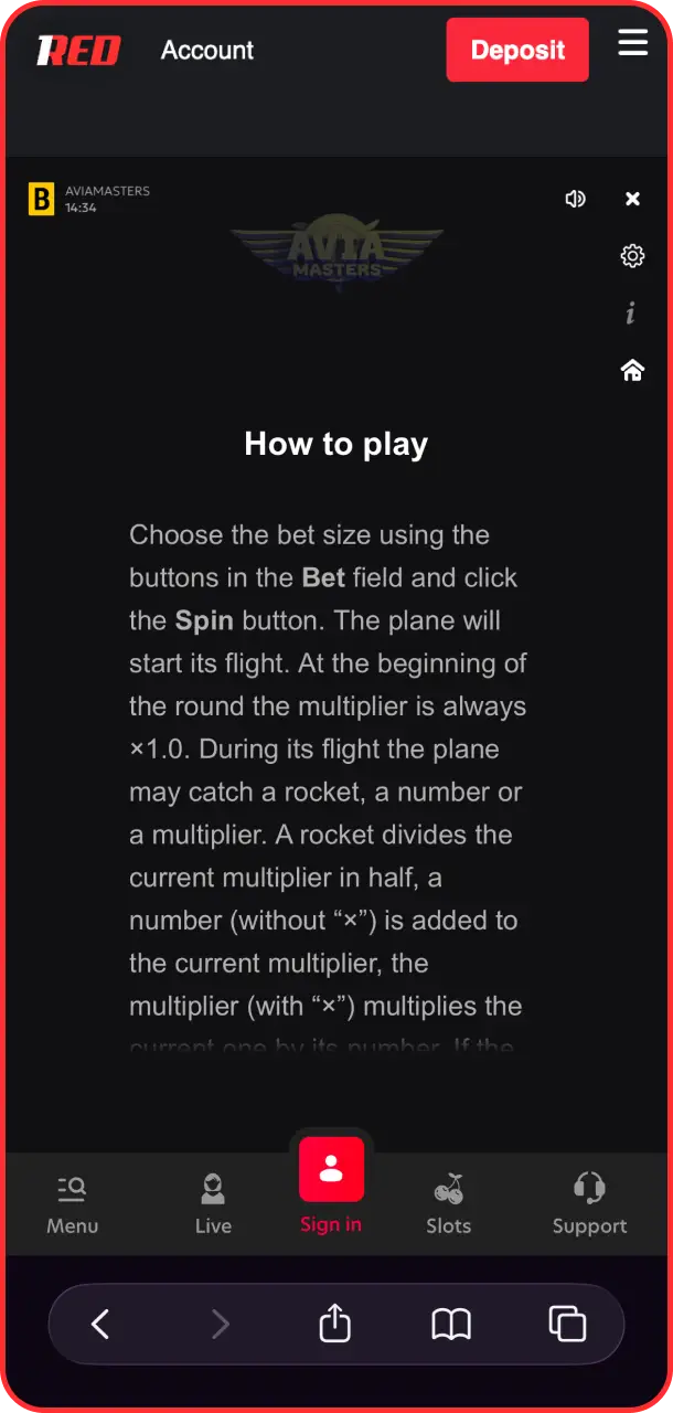Read the comprehensive rules panel to understand how to play Aviamasters on 1Red.