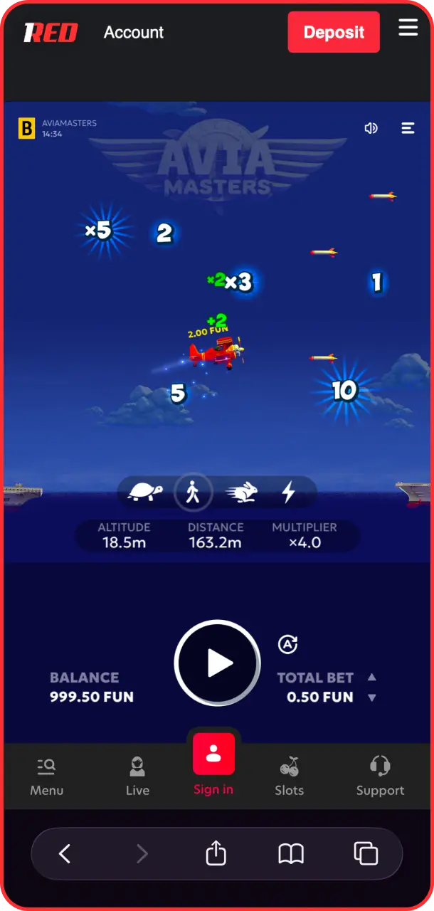 Start your game round to win real money in Aviamasters on 1Red.