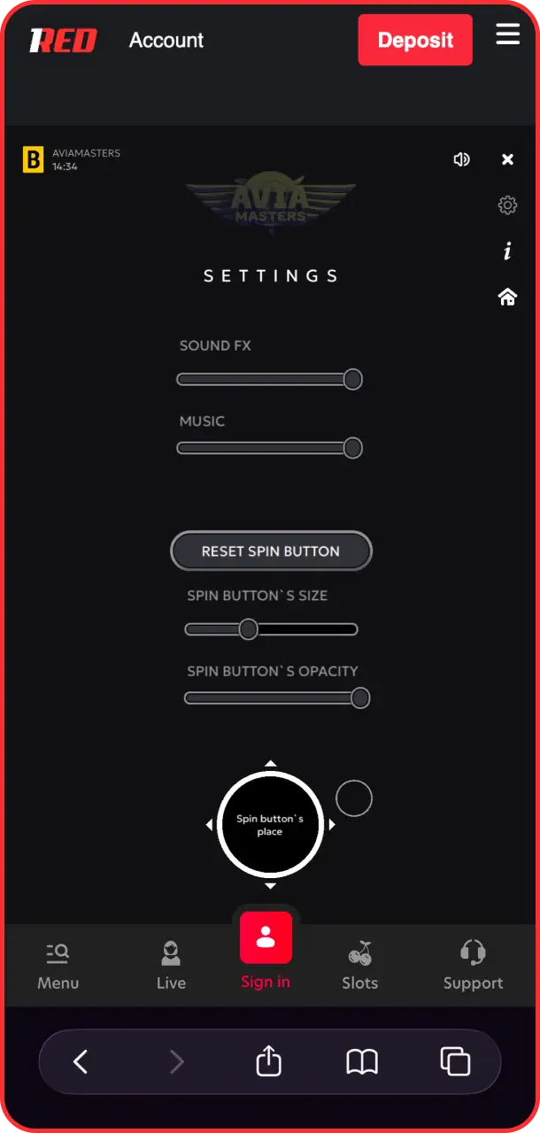 Adjust your personal audio and visual game features in Aviamasters at 1Red.