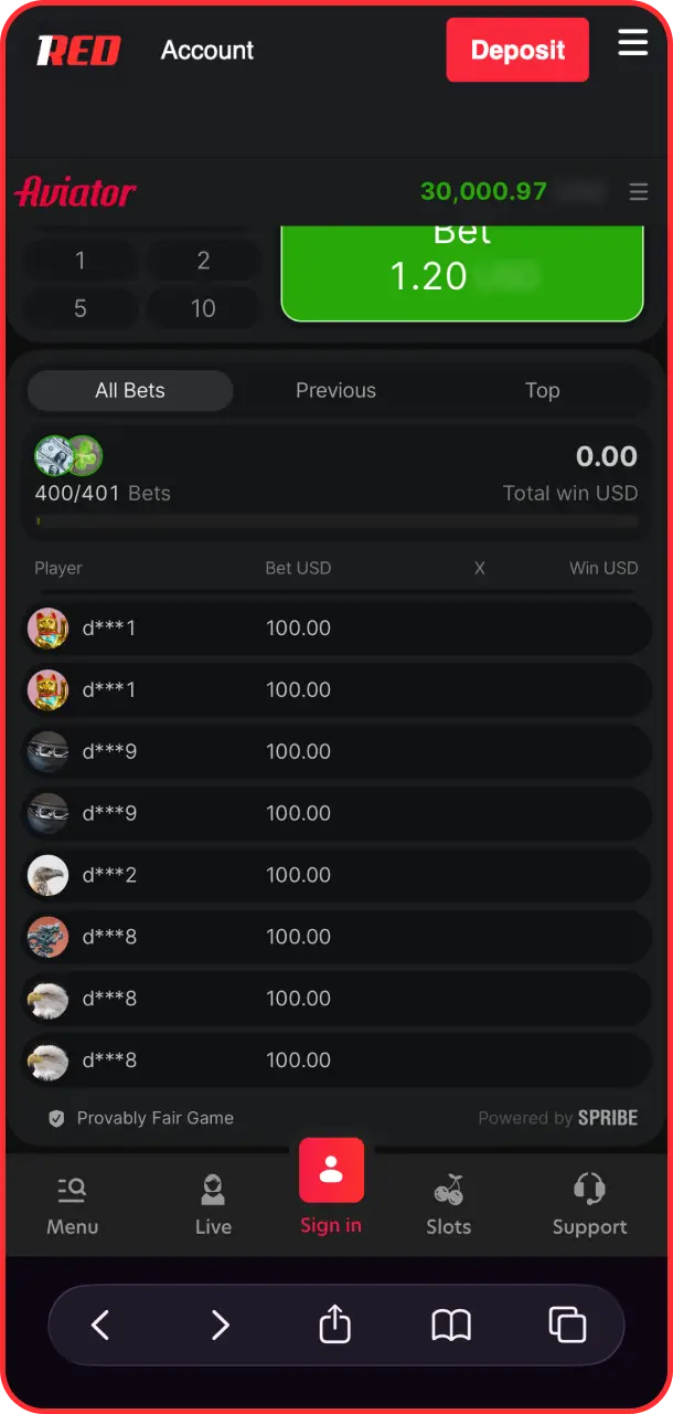 Monitor real-time wagers of other multiplayer participants in Aviator on 1Red.