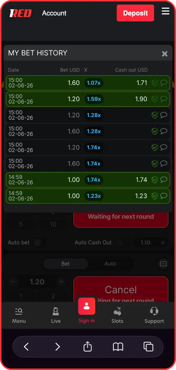 Review your personal statistics and past rounds history in Aviator at 1Red.