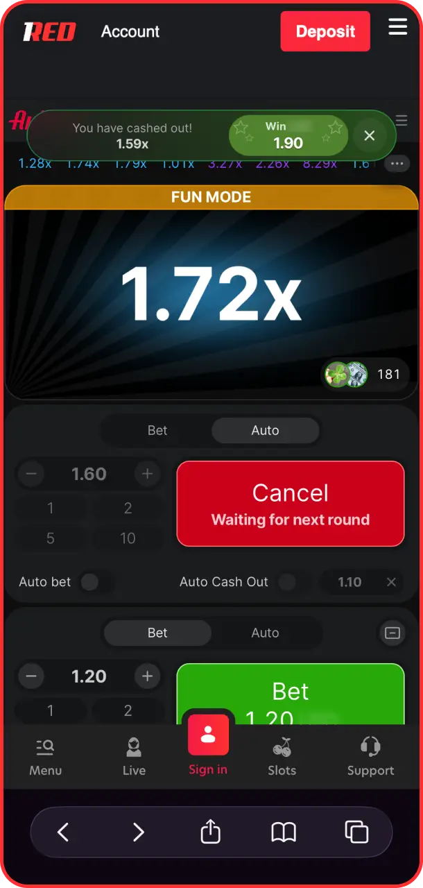 Cash out your multiplier safely to claim a massive win in Aviator on 1Red.