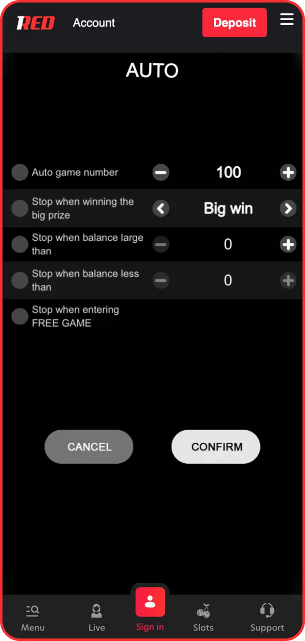 Activate the hands-free automated mode to enjoy smooth gameplay in Big Bass Bonanza on 1Red.
