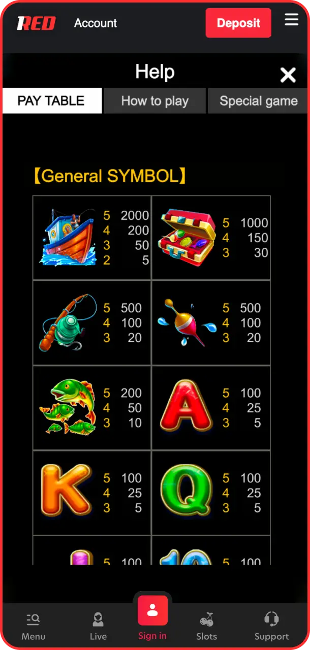 Review the high-paying fish symbols using the interactive pay table for Big Bass Bonanza at 1Red.
