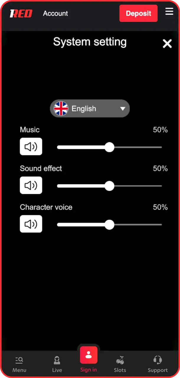 Adjust your sound levels and graphics in the configuration setting panel of Big Bass Bonanza at 1Red.