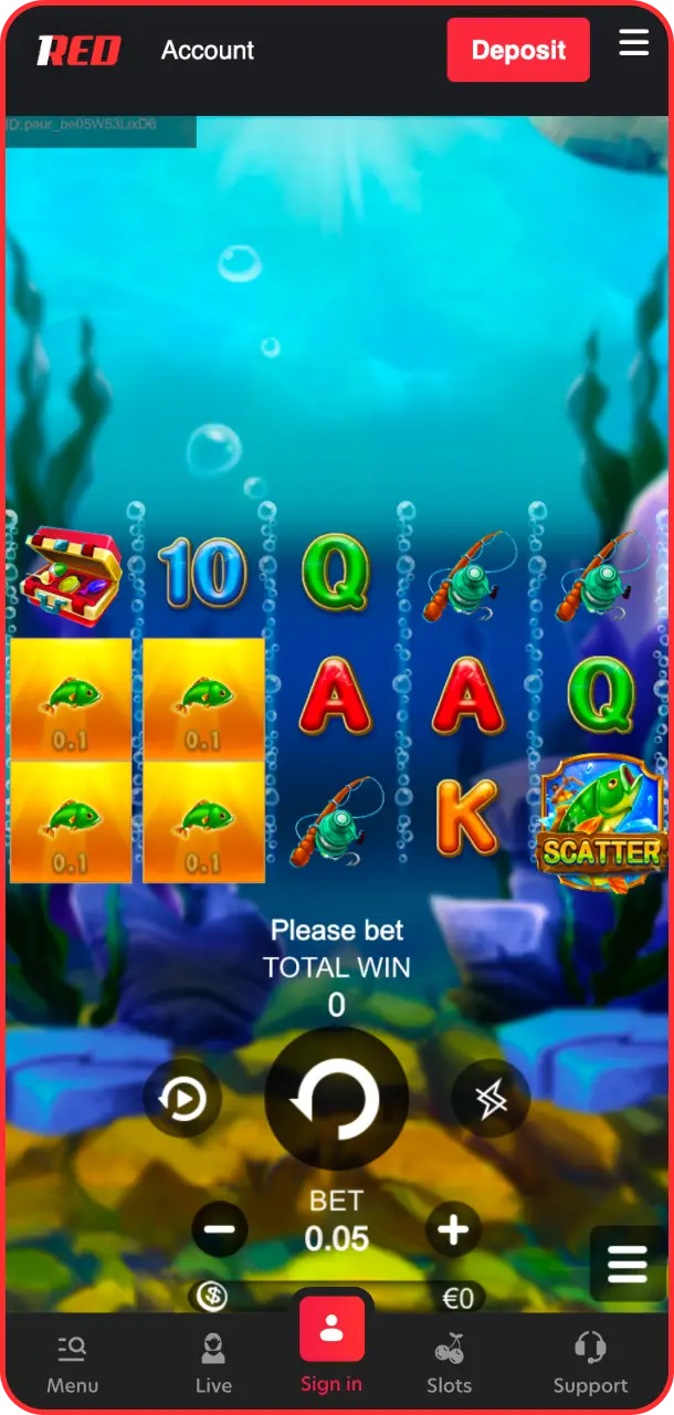 Press the glowing green button to start your fishing adventure in Big Bass Bonanza on 1Red.