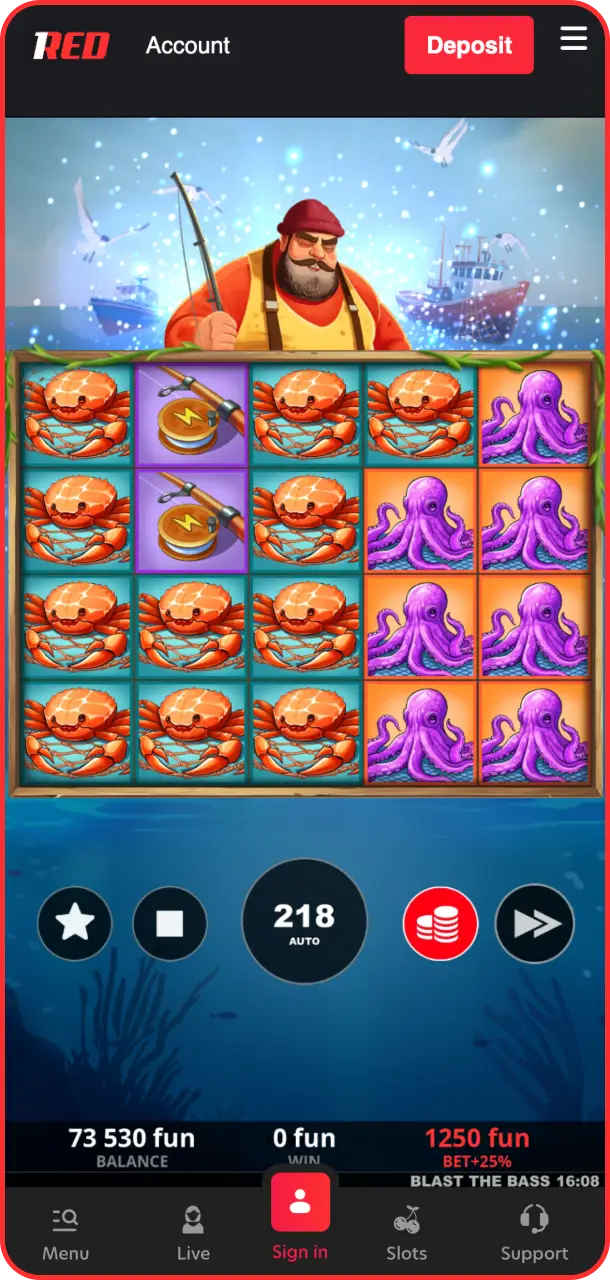 Spin the underwater reels to play Blast the Bass instantly on 1Red.