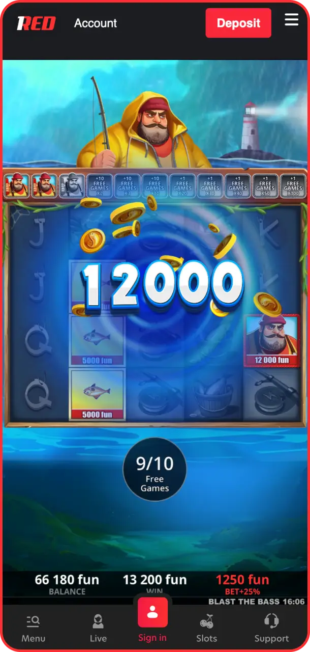 Match premium symbols during the interactive win play session in Blast the Bass at 1Red.