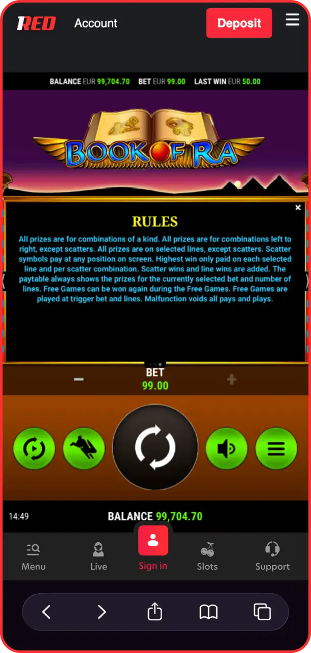 heck the payout table to learn the official Book of Ra rules at 1Red.