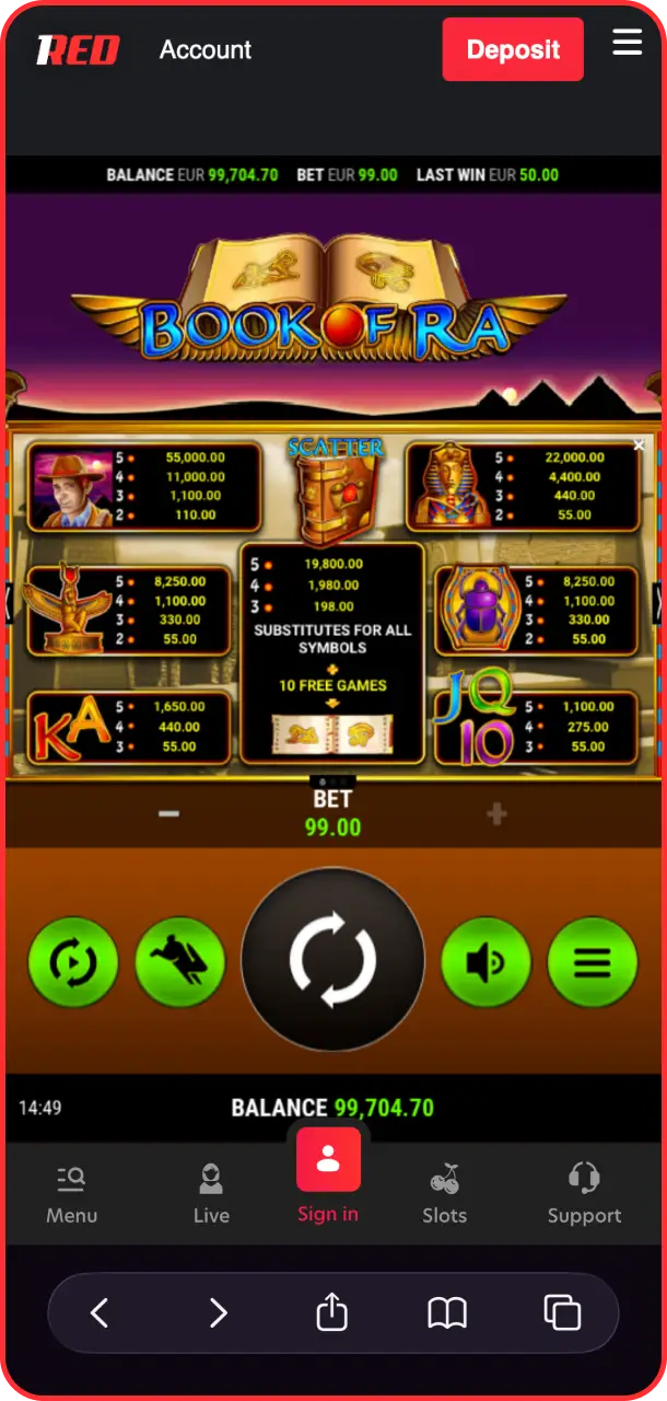 Catch special combinations to trigger free spins in Book of Ra on 1Red.