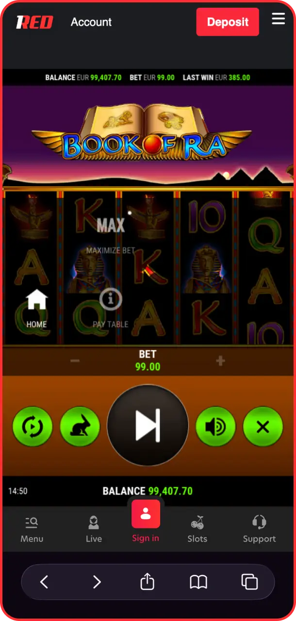 Configure your gaming screen and active paylines for Book of Ra on 1Red.