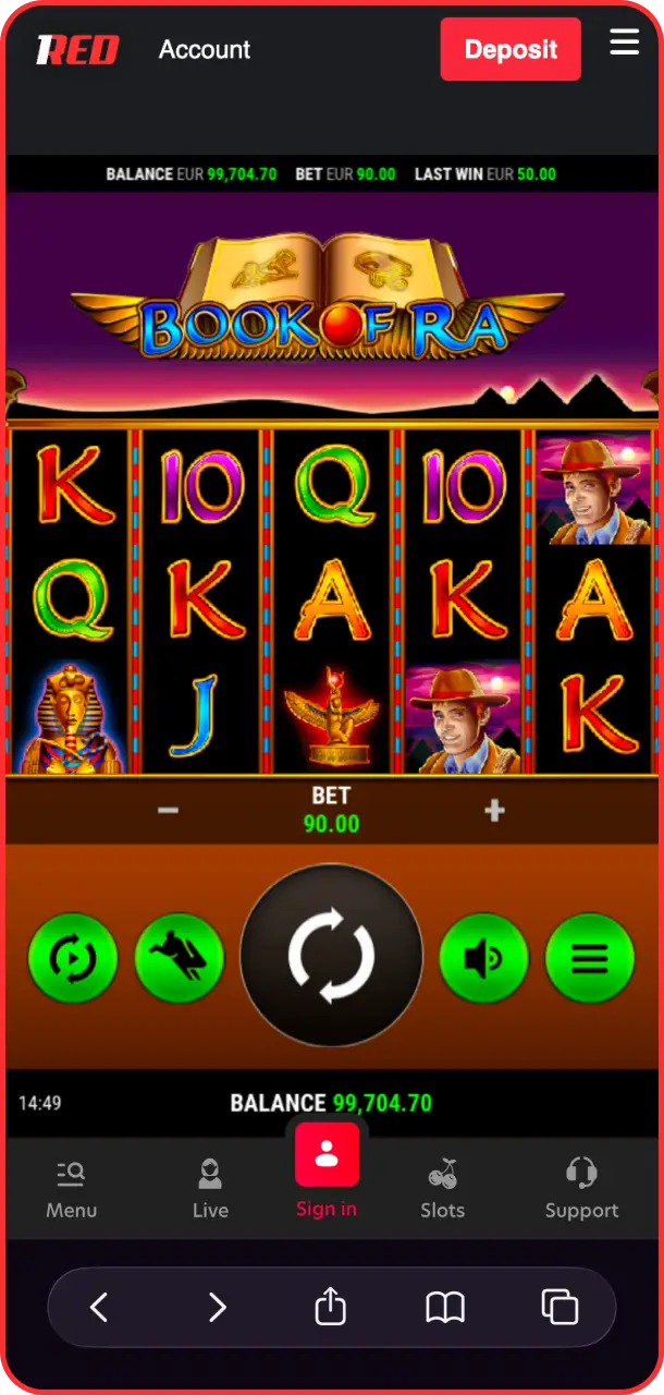 Press the spin button to start your ancient adventure in Book of Ra at 1Red.