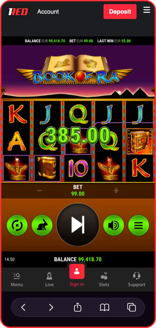 Collect your big cash payouts after winning a Book of Ra round on 1Red.