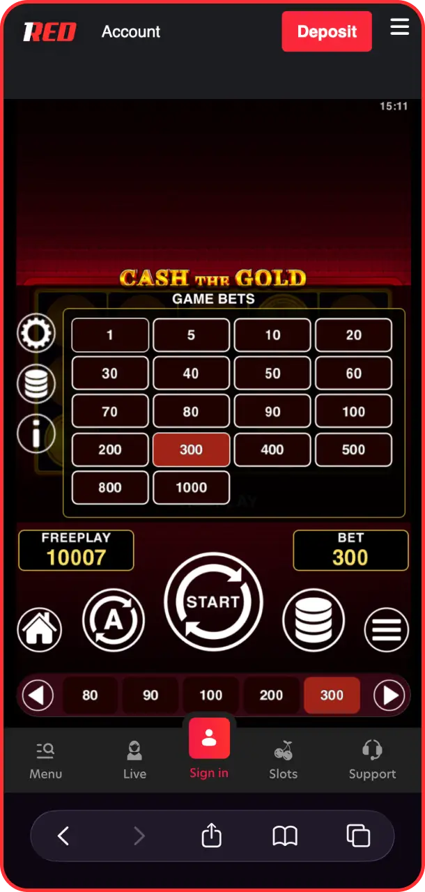 Adjust your stake size per spin playing Cash The Gold on 1Red.