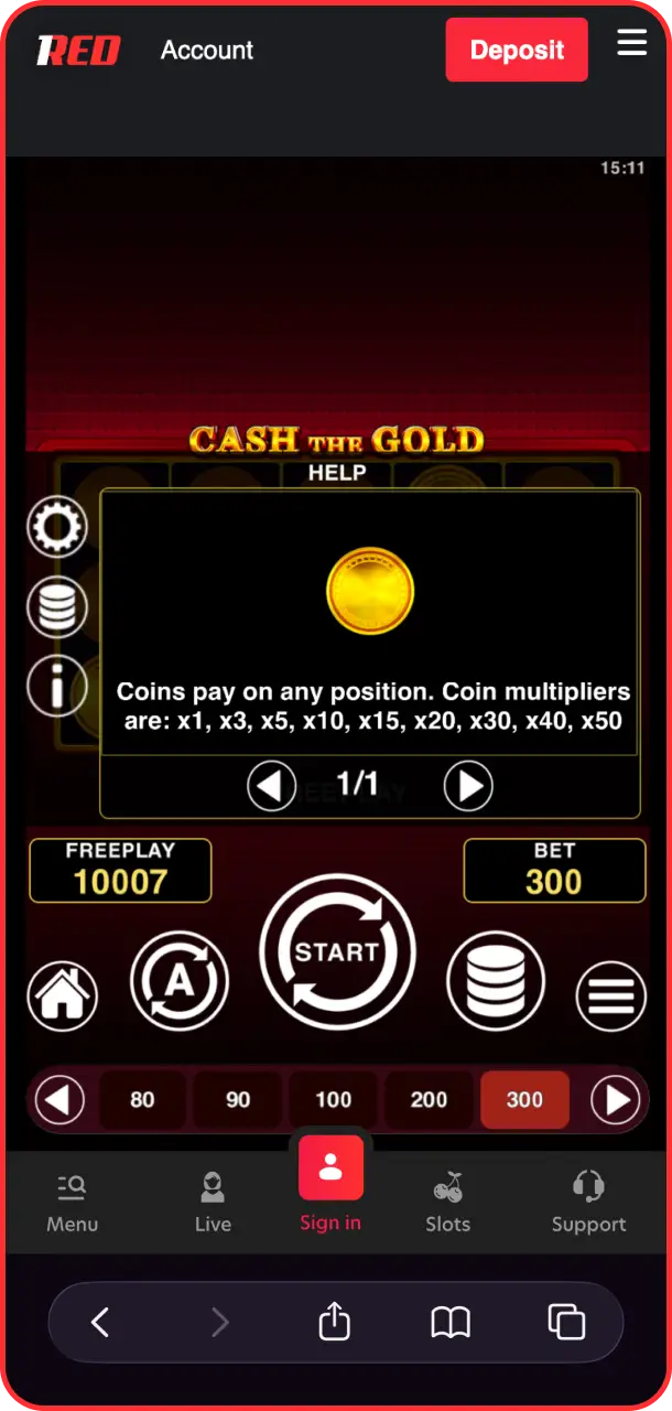 Open the information table to study the payout rules for Cash The Gold on 1Red.