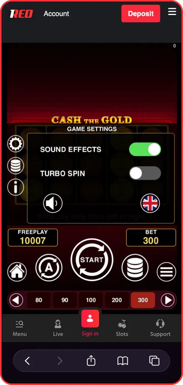 Customize your gameplay preferences in the options panel of Cash The Gold at 1Red.