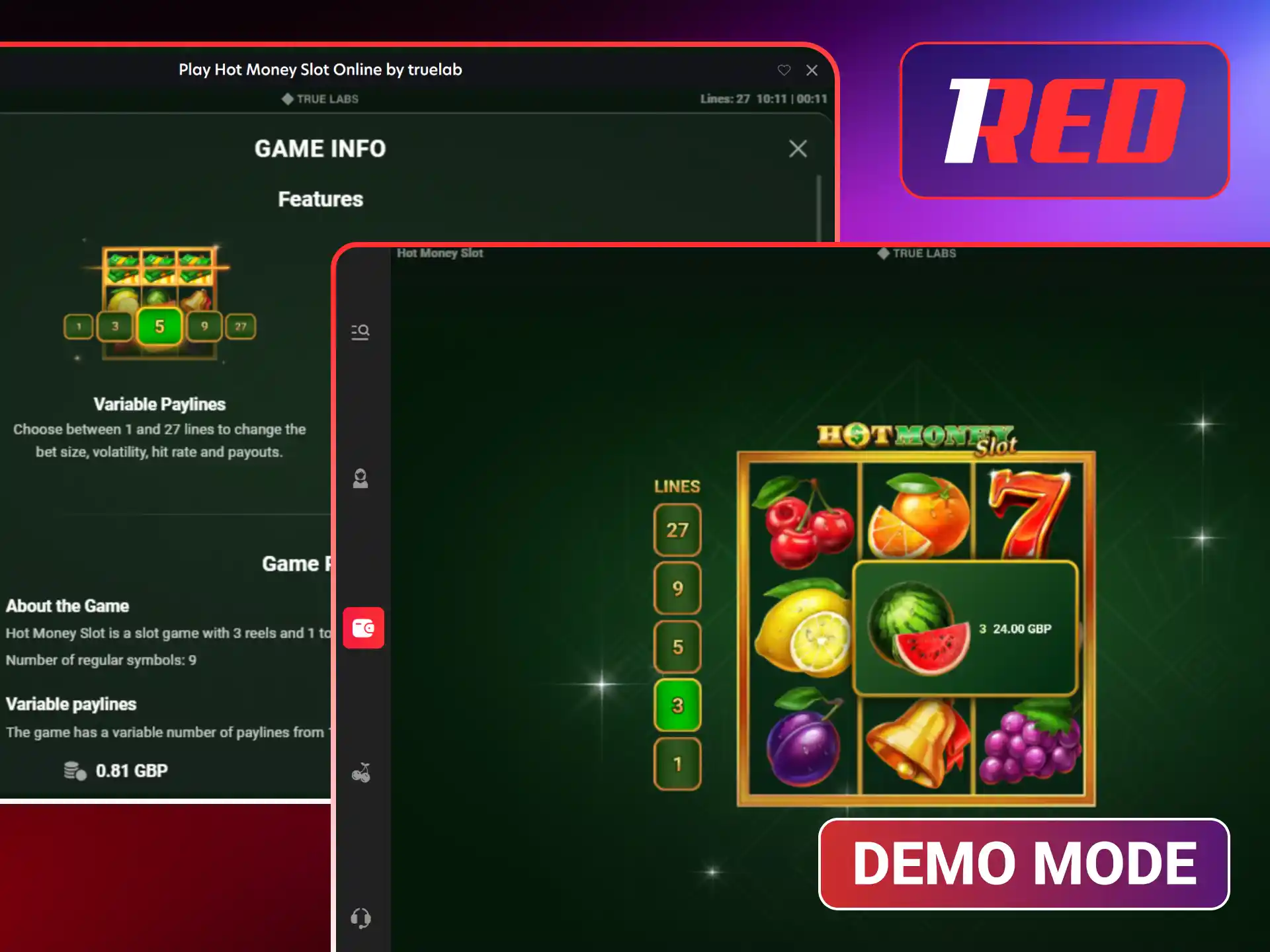 Try Hot Money Slot demo mode for free at 1Red.