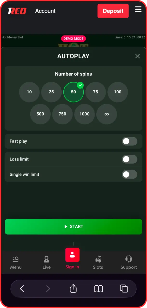 Launch automatic spinning mode to play the Hot Money Slot easily on 1Red.
