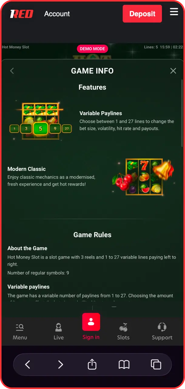 Check the bonus combinations and official paytable info for Hot Money Slot at 1Red.