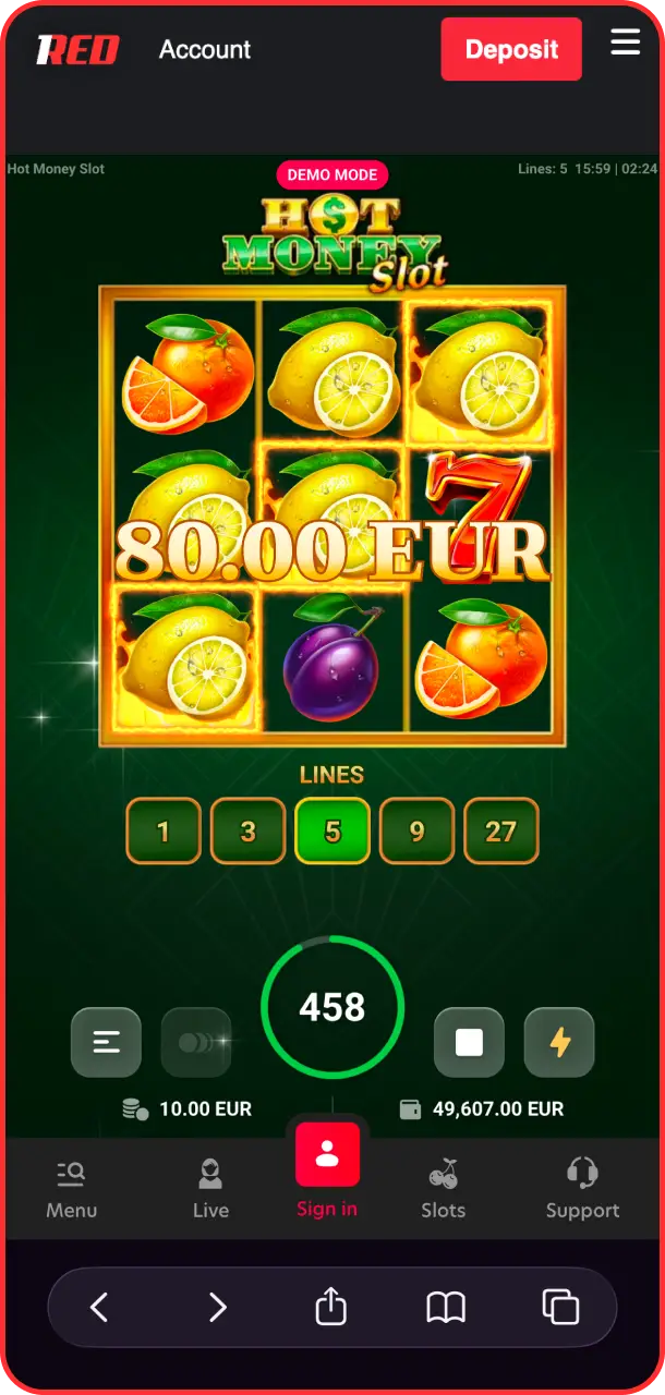 Spin the burning reels to test your luck in Hot Money Slot on 1Red.