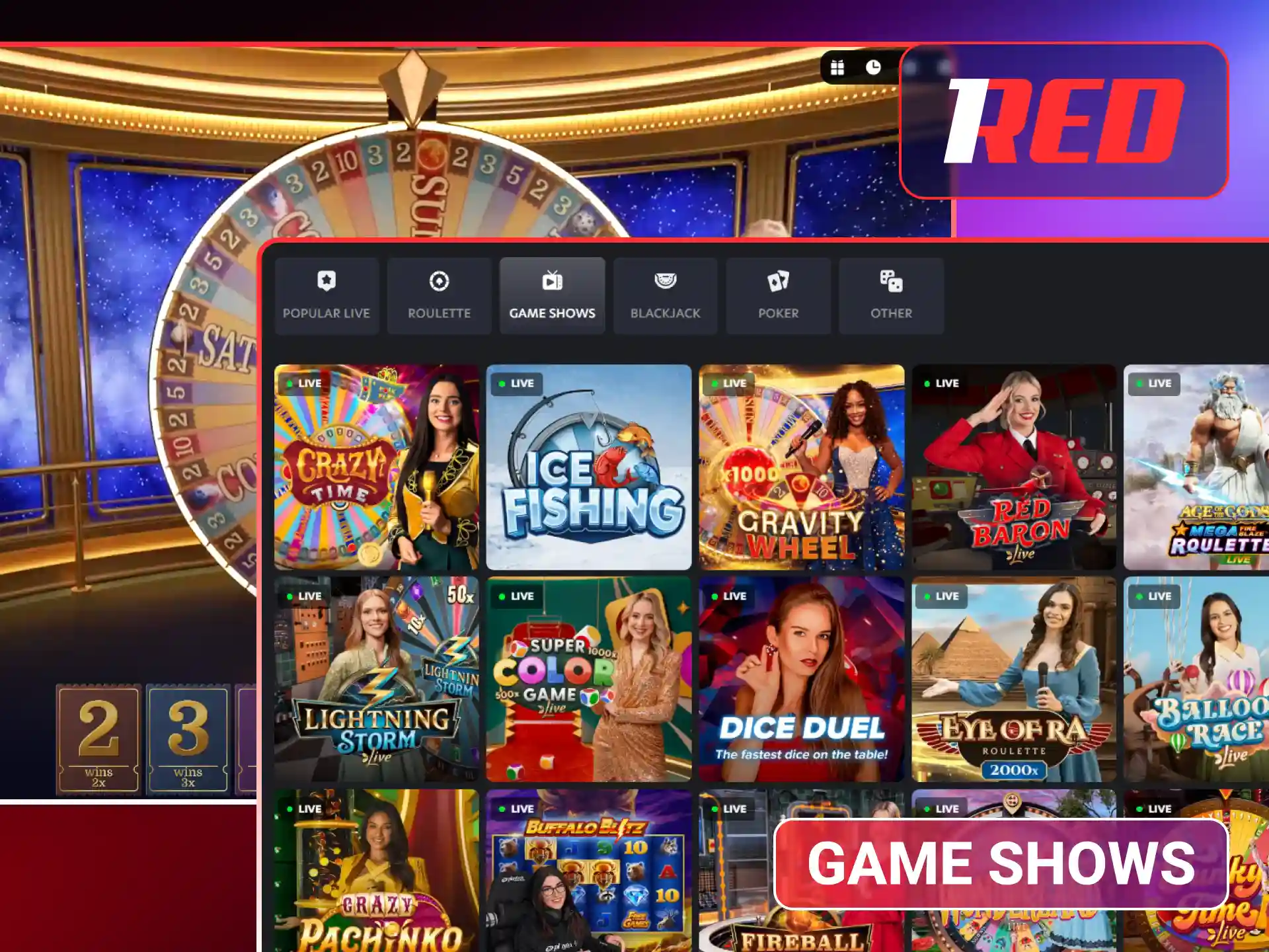 Join interactive live game shows at 1Red.