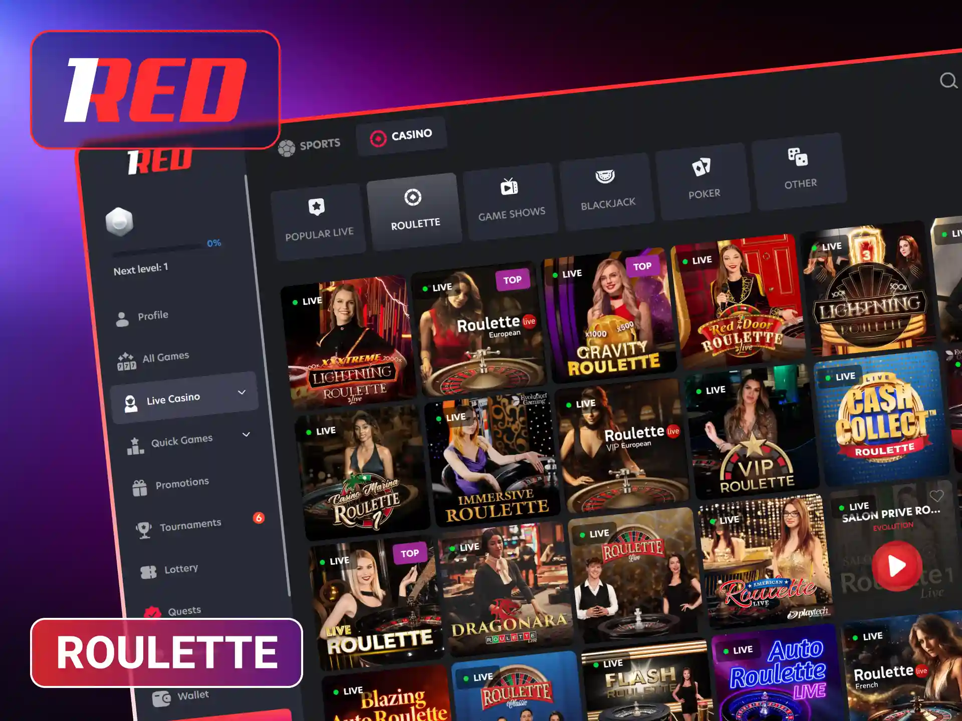 Play various live roulette tables at 1Red casino.