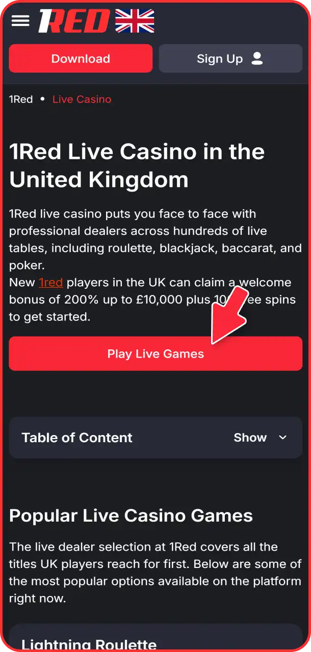 Register quickly to access 1Red live casino.